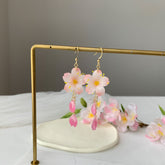 Pink Cherry Blossom Earrings, 3D Cherry Blossom Flower Earrings Dangle, Handmade floral jewelry, Unique Dangle